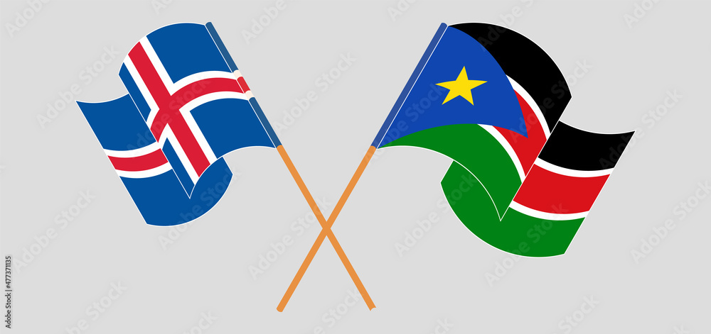 Crossed and waving flags of Iceland and South Sudan