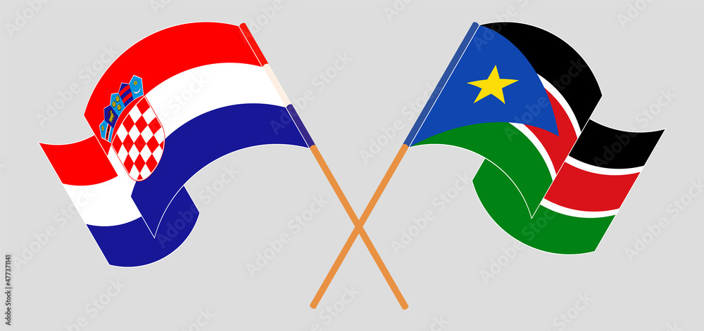 Crossed and waving flags of Croatia and South Sudan Crossed and waving flags of Croatia and South Sudan