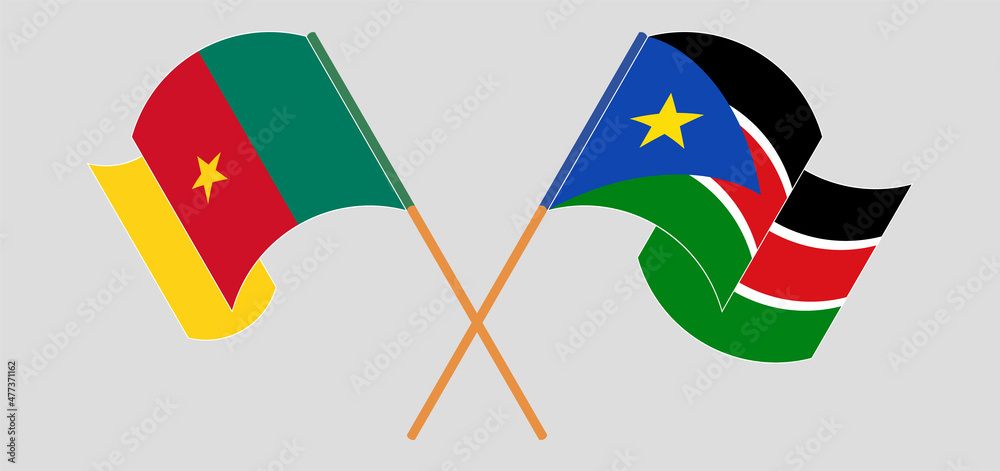 Crossed and waving flags of Cameroon and South Sudan Crossed and waving flags of Cameroon and South Sudan