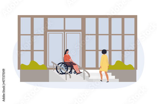 Person with disabilities in society concept. Young woman in wheelchair descends on ramp from building. Equal environment for people with different physical abilities. Cartoon flat vector illustration