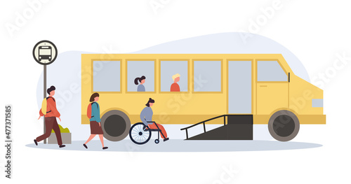 Person with disabilities in society concept. Girl in wheelchair rides on ramp to school bus. Equal learning opportunities and common environment for children. Cartoon flat vector illustration