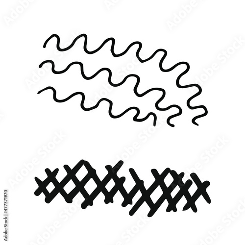 Hand drawn black oblique grid and waves, flat vector, single element, isolate on white background, imitation patch