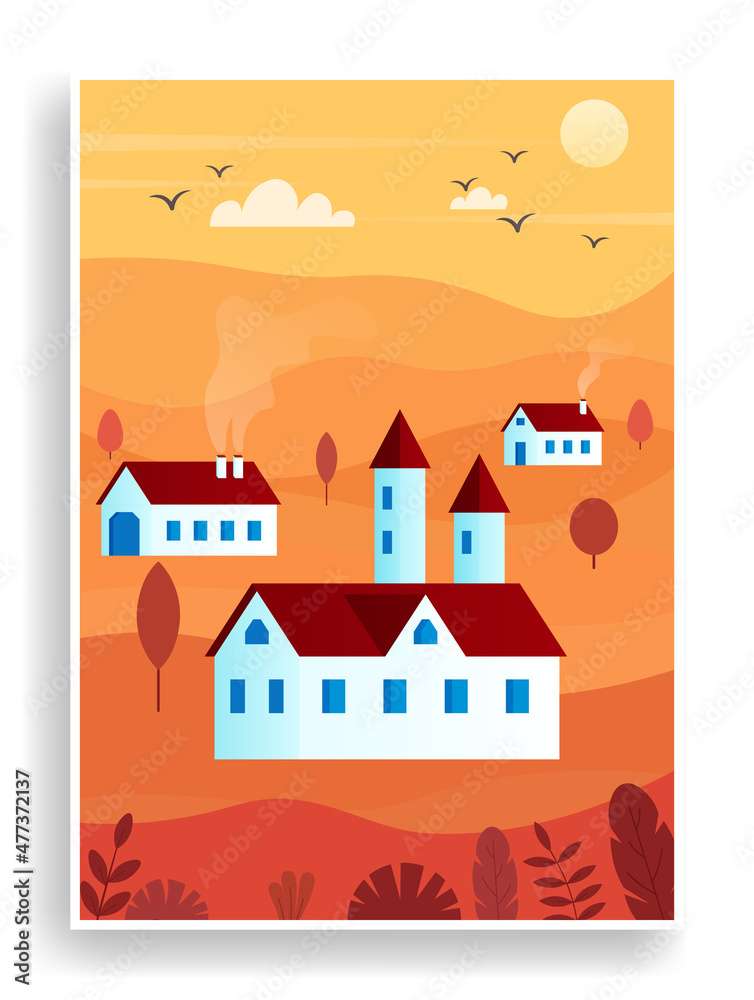 Landscape with rural suburban traditional buildings. Colorful poster with houses, hill, sun and tree. Design element for wall decoration. Cartoon flat vector illustration isolated on white background