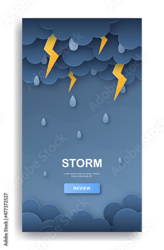 Weather conditions concept. Clouds, lightning and rain. Storm. Template in paper cut style for mobile application with weather forecast. Cartoon flat vector illustration isolated on white background