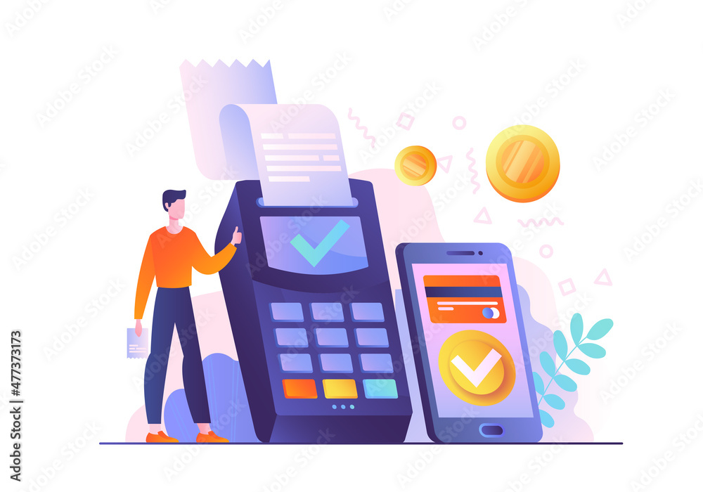 Payment technology abstract concept. Contactless payment. Making purchases using online banking on smartphone. NFC payment transaction. Shopping terminal. Cartoon modern flat vector illustration Payment technology abstract concept. Contactless payment. Making purchases using online banking on smartphone. NFC payment transaction. Shopping terminal. Cartoon modern flat vector illustration