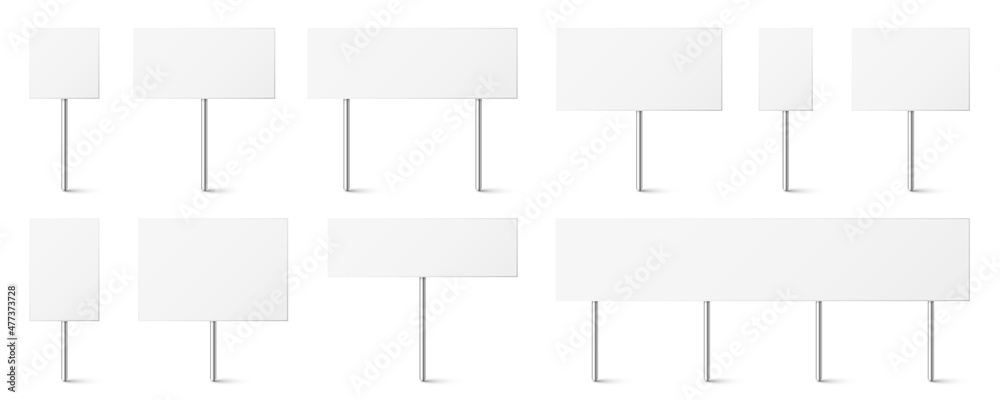 Blank board with place for text, protest signs set isolated on white background. Realistic demonstration or advertising banner. Strike action cardboard placard mockup. Vector illustration. Blank board with place for text, protest signs set isolated on white background. Realistic demonstration or advertising banner. Strike action cardboard placard mockup. Vector illustration.