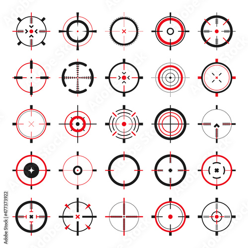 Crosshair, gun sight vector icons. Bullseye, black target or aim symbol. Military rifle scope, shooting mark sign. Targeting, aiming for a shot. Archery, hunting and sports shooting. Game UI element.