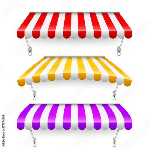 Colorful shop sunshade with metal mount. Realistic striped cafe awning. Outdoor market tent. Roof canopy. Summer street store. Vector illustration.
