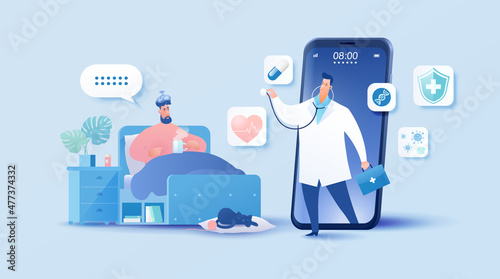 Telemedicine concept vector illustration. Patient visiting doctor using online technology through smartphone app.