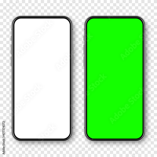 Realistic smartphone with blank touch screen and green chroma key background. Frameless mobile phone in front view. High quality detailed device mockup. Screen backdrop template. Vector illustration.