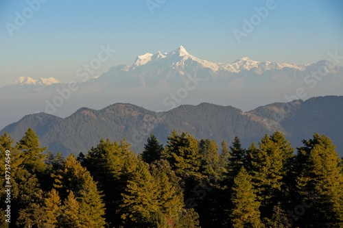 Foothills and snow-capped peaks of Himalaya mountain range viewed from Daman, Nepal