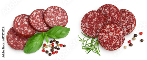 Fotografie, Obraz Smoked sausage salami slices isolated on white background with clipping path and full depth of field