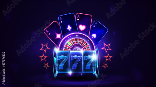 Pink shine neon Casino Roulette wheel with playing cards in dark empty scene