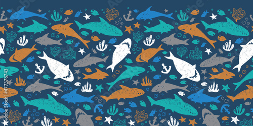 Vector dark blue colourful cute shark pen sketch horizontal border pattern. Perfect for wall mural, posters or greeting cards.