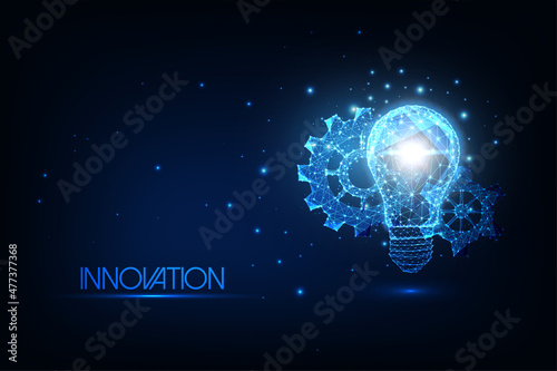 Futuristic innovation technologies concept with glowing low polygonal light bulb and gears