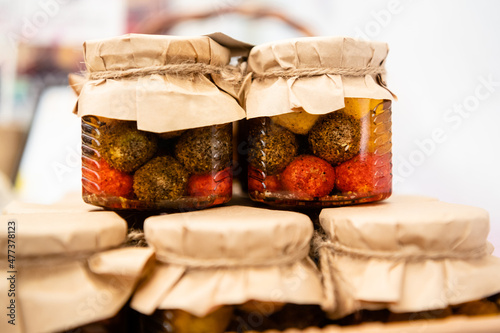 Dessert sealed in a jar for a gift.  Delicious dessert balls canned for a gift. A gift to your loved one. 
