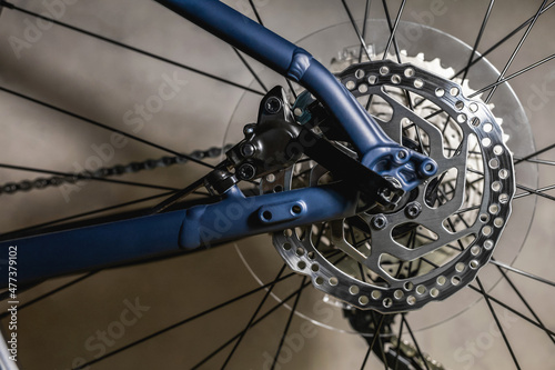 Rear bicycle wheel with hydraulic disc brake rotor on new blue frame with black latch, close-up