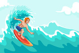 Cartoon man surfing on the ocean wave