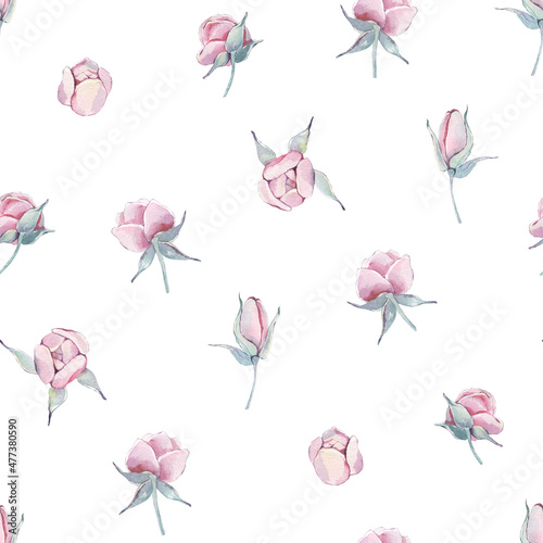 Vintage pink peonies with branches seamless pattern isolated. Watercolor hand drawn floral illustration on a white background. For mother, birthday, valentine, love cards, linen, wrapping.