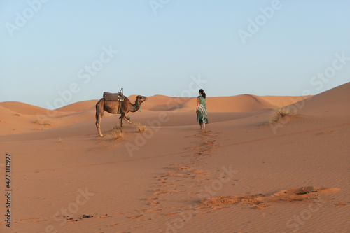 Yellow, golden and arid desert view. Camel in hot Sahara. Caucasian Woman with green dress. © Julia