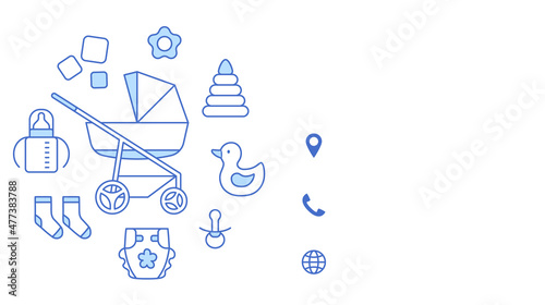 Baby store visit or discount card outline design template. Thin line identity on white background. Kids diaper, stroller, nutrition accessories. Business contact, mobile phone web vector illustration.