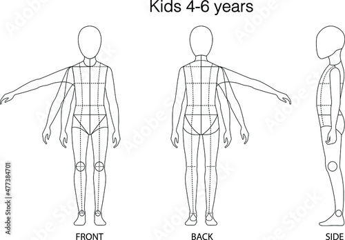 Kids (4-6years) figure: Front, Back, and side view. 
Fashion figure template for technical drawing with style lines