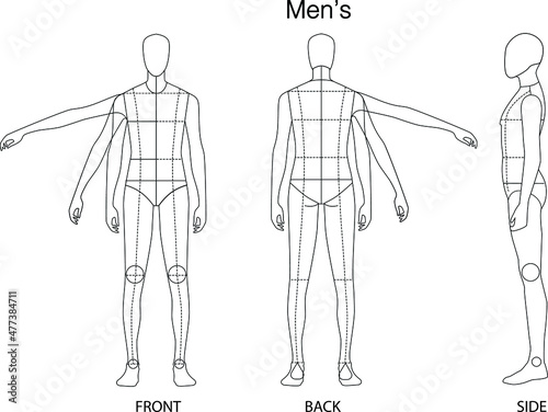 MEN'S fashion figure: Front, Back, and side view. 
Fashion figure template for technical drawing with style lines.