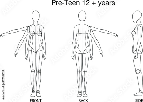 Pre-teen (12+years) figure : Front, Back and side view. 
Fashion figure template for technical drawing with style lines.