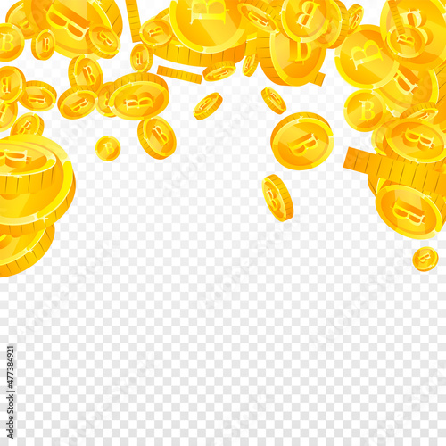 Thai baht coins falling. Elegant scattered THB coins. Thailand money. Superb jackpot, wealth or success concept. Vector illustration.