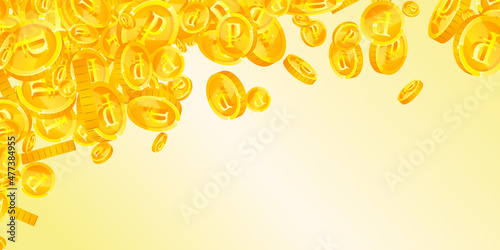 Russian ruble coins falling. Gorgeous scattered RUB coins. Russia money. Fresh jackpot, wealth or success concept. Vector illustration.