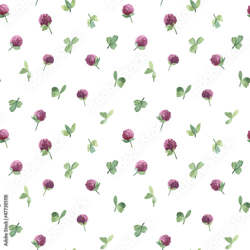 Watercolor botanical seamless pattern meadow wildflowers Clover. Hand drawn lilac flowers, natural elements on dark background. For t-shirt print, wear fashion design, linens, wallpaper, textile.