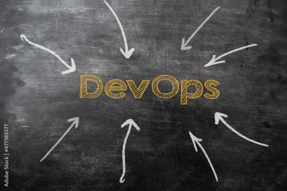 Focus on Dev Ops. Arrows indicate the importance of the text on the chalkboard. Focus on Dev Ops. Arrows indicate the importance of the text on the chalkboard.