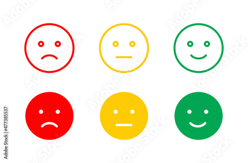 Feedback emoticons scale. Flat cartoon illustration with emoji happiness level.