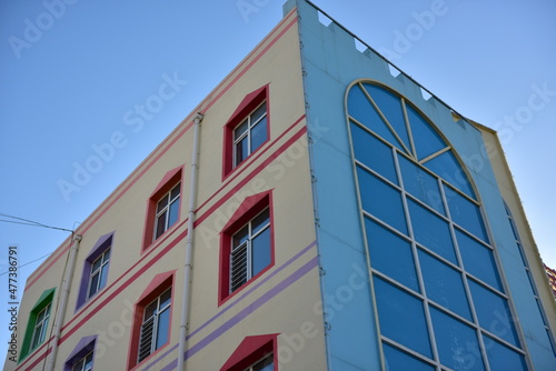 Close-up of windows and stairs of urban buildings