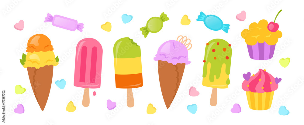 Ice cream cartoon set. Muffin, lollipop, ice creams cone vanilla fruit, berry ice lolly. Kawaii summer collection colorful sweet food. Isolated dessert vector illustration Ice cream cartoon set. Muffin, lollipop, ice creams cone vanilla fruit, berry ice lolly. Kawaii summer collection colorful sweet food. Isolated dessert vector illustration