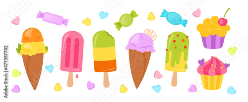 Ice cream cartoon set. Muffin, lollipop, ice creams cone vanilla fruit, berry ice lolly. Kawaii summer collection colorful sweet food. Isolated dessert vector illustration