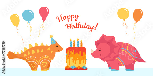 Happy birthday party  dino and cake card. Cute dinosaur reptile childish character cartoon surprise invitation. Wildlife predators dinosaur prehistoric lizard. Kids design herbivores vector