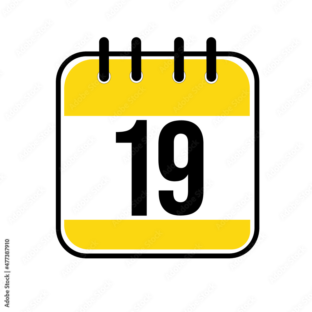 Calendar day 19. Number nineteen on a white paper with yellow border on white background. Vector ilustration. Calendar day 19. Number nineteen on a white paper with yellow border on white background. Vector ilustration.