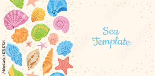Seashells cartoon template background. Ocean flat backdrop. Marine shell seamless pattern, starfish mollusk, conch sink. Print under water hand drawn design. Scrapbook endless vector