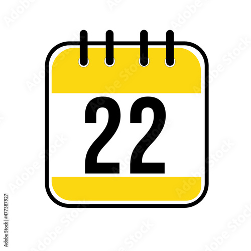 Calendar day 22. Number twenty two on a white paper with yellow border on white background. Vector ilustration.