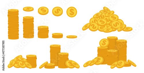 Gold coin pile cartoon style set. Neat money piles, various bunche gold coins heap. Mountain currency icons. Pennies hundreds bunches, cash, accumulation finance bank. Isolated vector illustration © neliakott