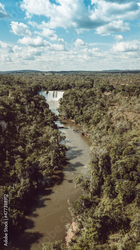 Aerial view of huge waterfall and river. S  o Rom  o waterfall in Chapada das Mesas national park in Brazil