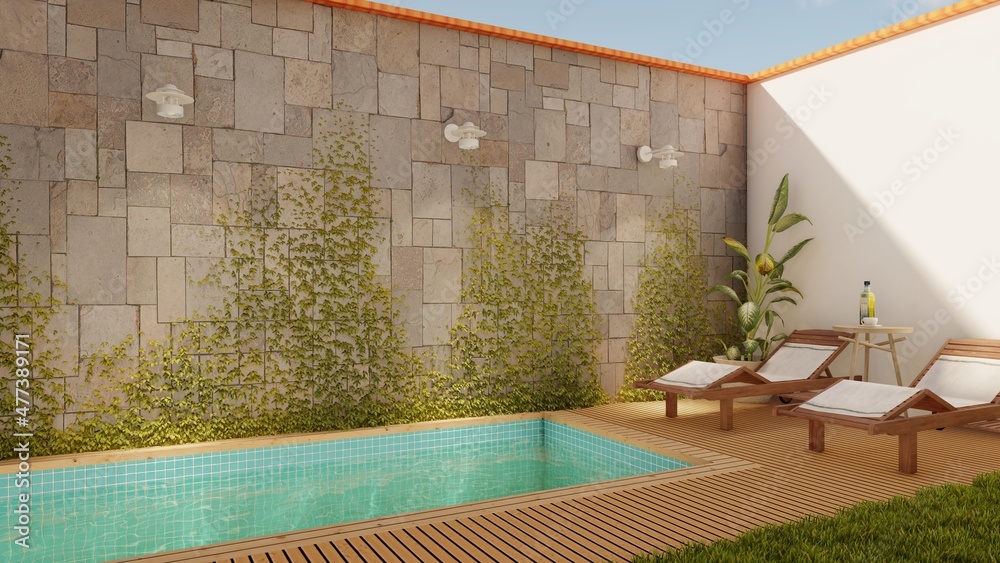 Pool with exterior wall and garden