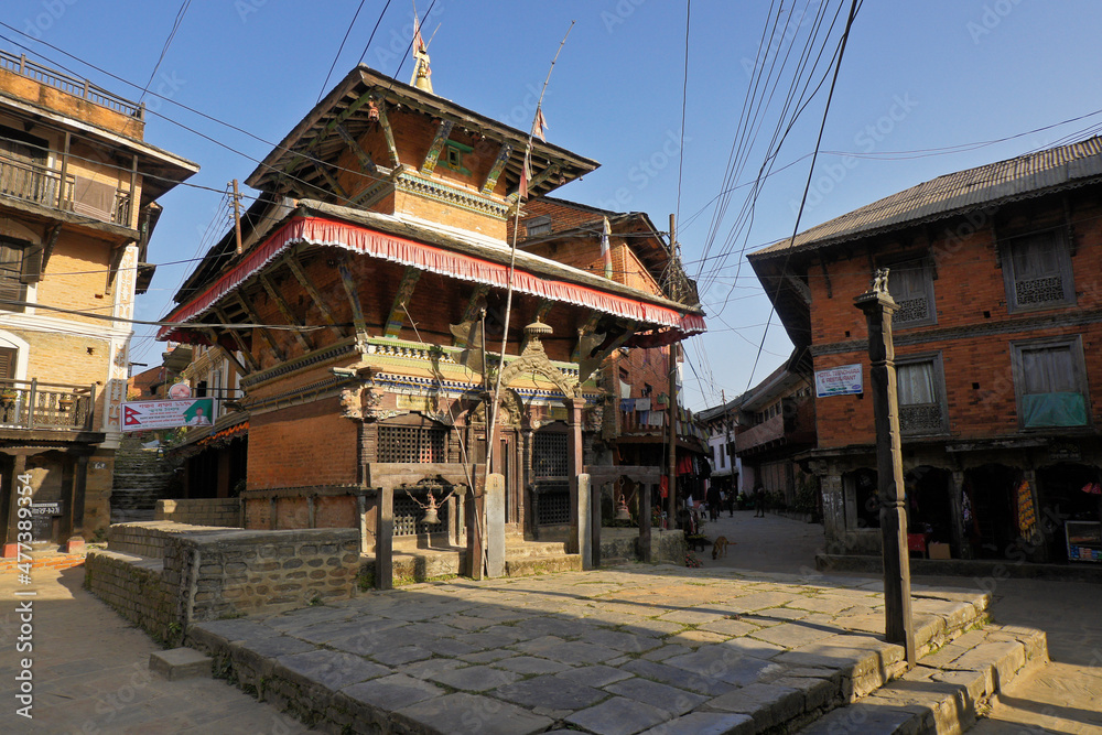 Bindhesbasini Hindu temple stands at the end of the main street in the historic Newari trading post town of Bandipur in Nepal's Tanahan District