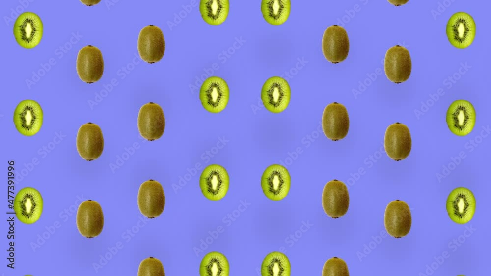 Colorful fruit pattern of fresh kiwi on purple background. Seamless pattern with kiwi sliced. Realistic animation. 4K video motion Colorful fruit pattern of fresh kiwi on purple background. Seamless pattern with kiwi sliced. Realistic animation. 4K video motion