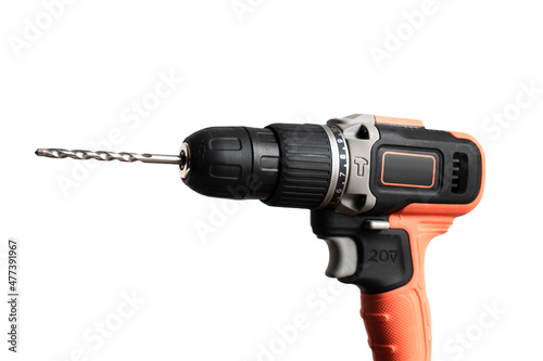 cordless screwdriver drill with battery isolated on white background on medium plane   photo