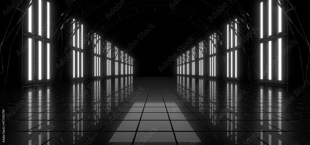 Naklejka premium A dark tunnel lit by white neon lights. Reflections on the floor and walls. 3d rendering image.