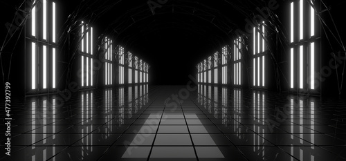 Fototapeta Naklejka Na Ścianę i Meble -  A dark tunnel lit by white neon lights. Reflections on the floor and walls. 3d rendering image.