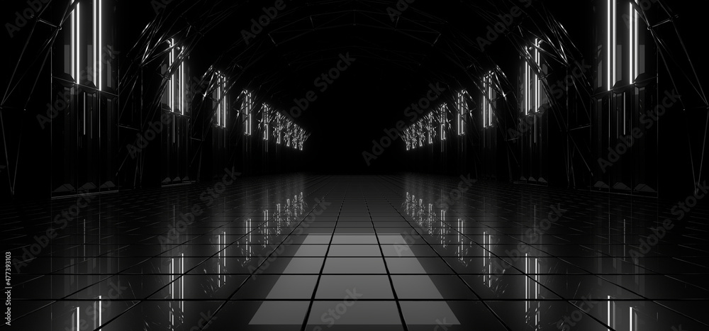 Fototapeta premium A dark tunnel lit by white neon lights. Reflections on the floor and walls. 3d rendering image.