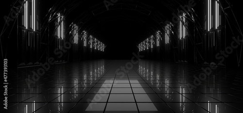 Fototapeta Naklejka Na Ścianę i Meble -  A dark tunnel lit by white neon lights. Reflections on the floor and walls. 3d rendering image.